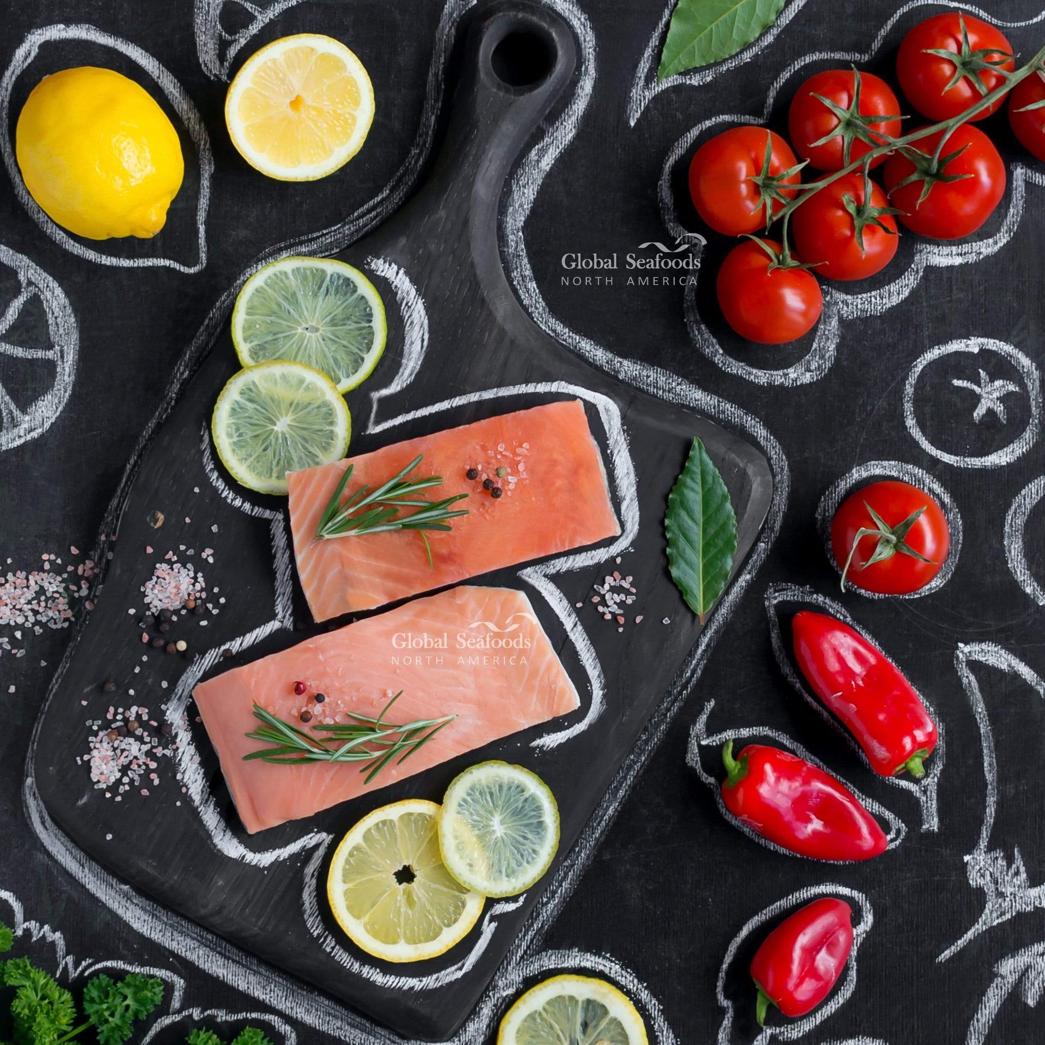 Wild-caught Alaskan Chum Salmon fillet portioned at 8 oz, displayed on ice to highlight its freshness and premium quality