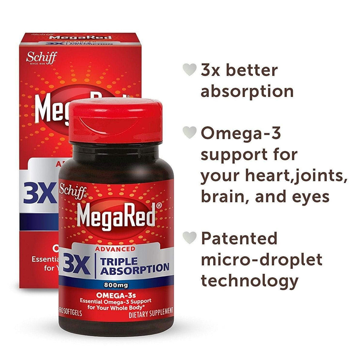 MegaRed Omega-3 bottle and package with product information