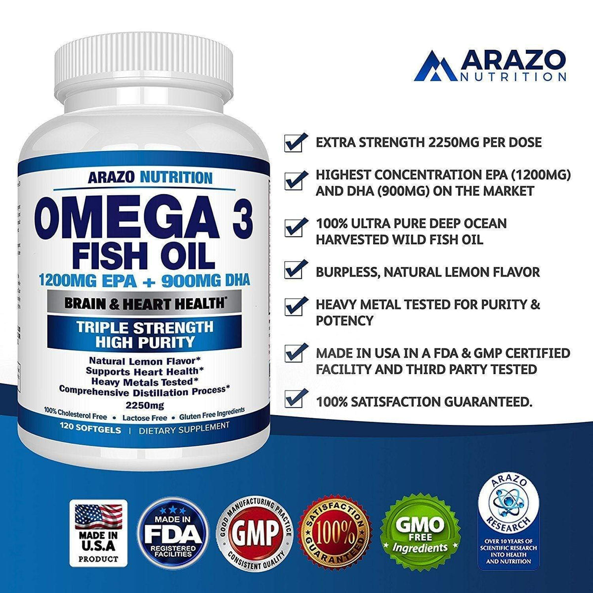 Arazo Nutrition Omega-3 Fish Oil bottle and product information
