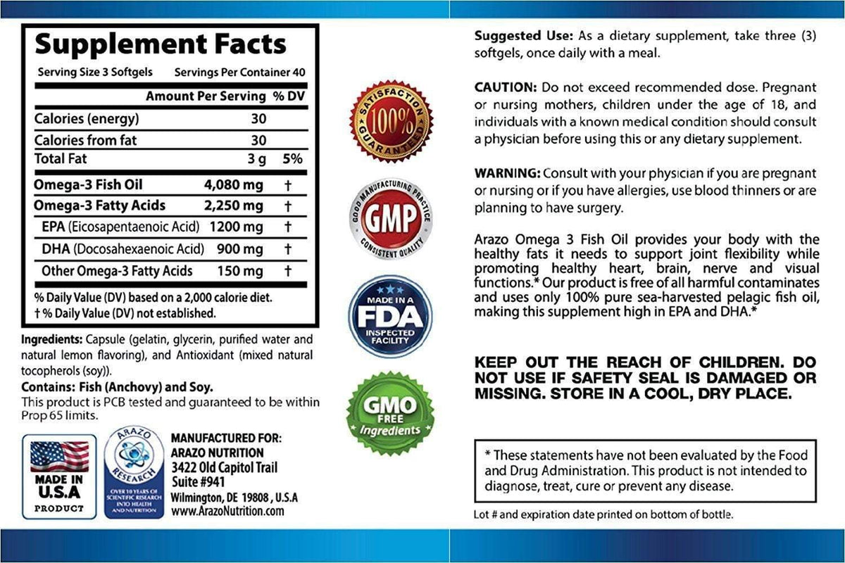 Arazo Nutrition Omega-3 Fish Oil Supplement Facts and directions