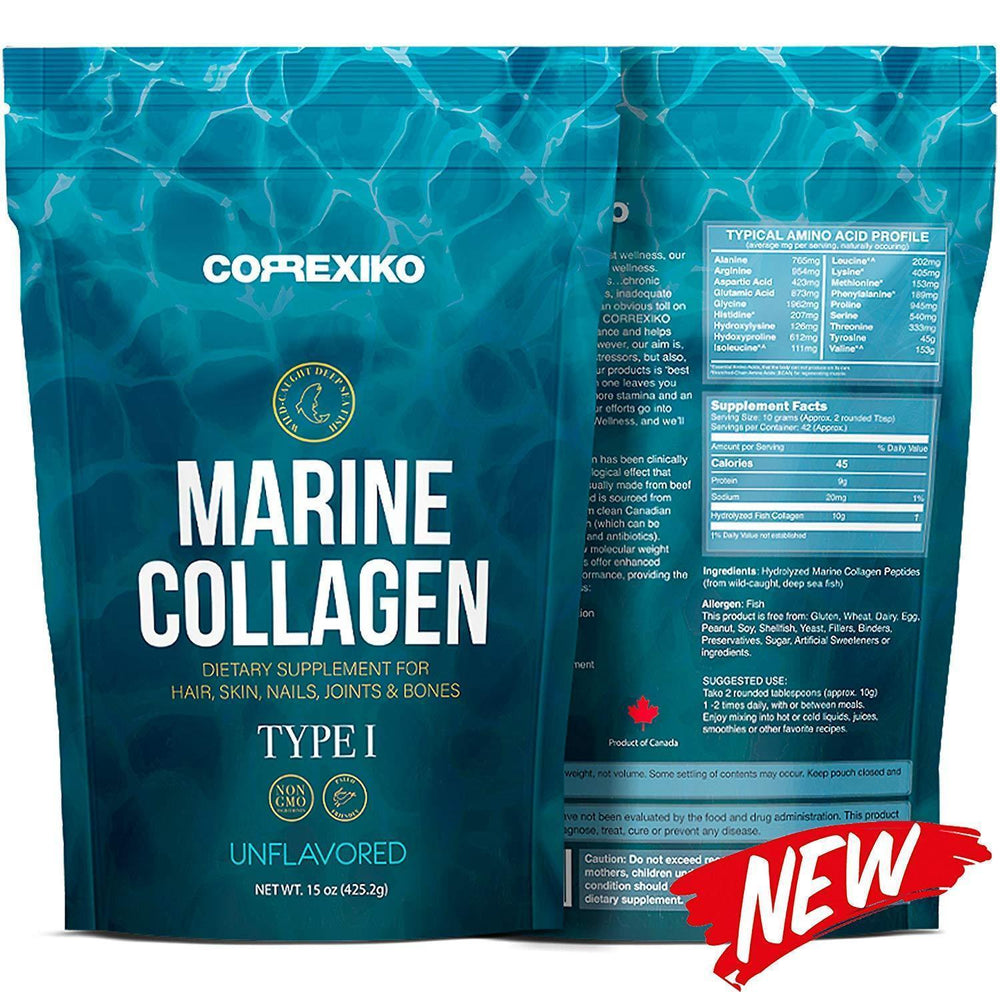 Pack of marine collagen in a blue soft bag, designed for health and beauty supplementation with a clean and modern look