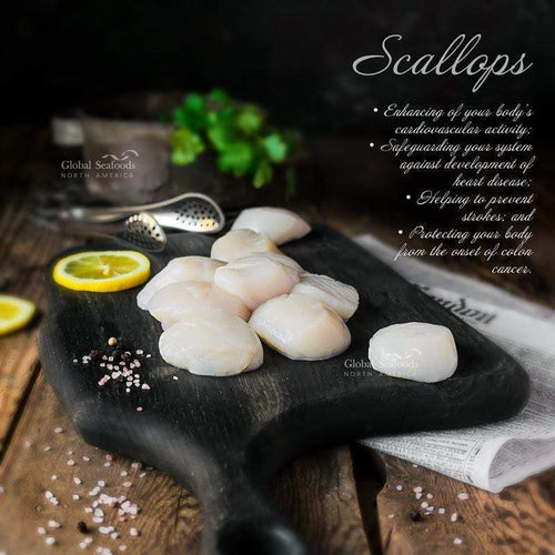 Fresh wild-caught jumbo sea scallops arranged on a platter, showcasing their large size and premium quality