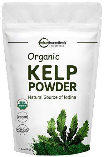White bag of kelp seaweed powder labeled as organic, featuring a green leaf design on the packaging to emphasize natural and healthy ingredients