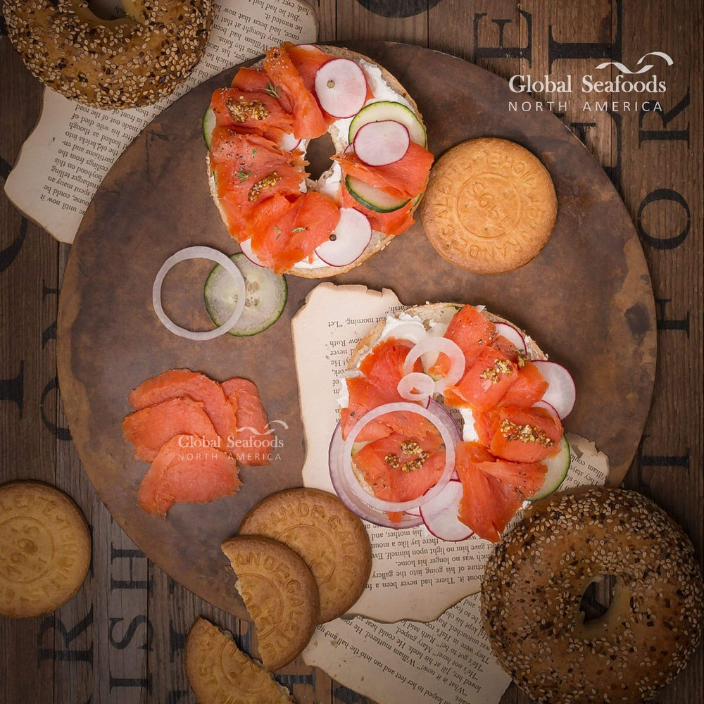 Fresh sockeye salmon sugar-free Nova lox served on a bagel with cream cheese, capers, and sliced red onions for a classic and healthy deli-style breakfast