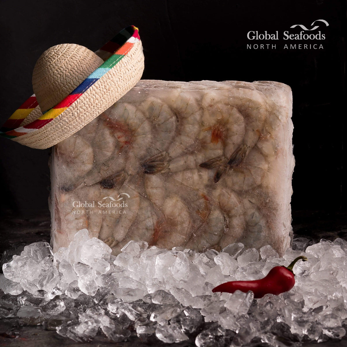 Frozen block of peeled shrimp on ice