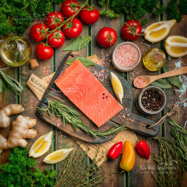 Overhead view of a coho salmon fillet portion on a wooden board with tomatoes, herbs and lemon