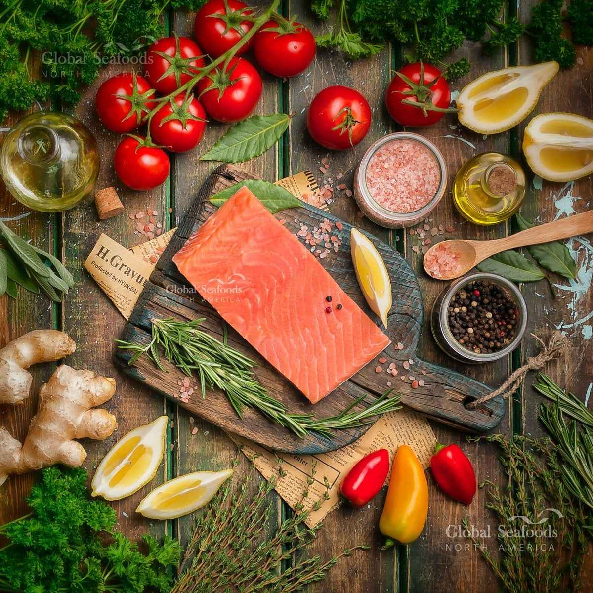 Overhead view of a coho salmon fillet portion on a wooden board with tomatoes, herbs and lemon