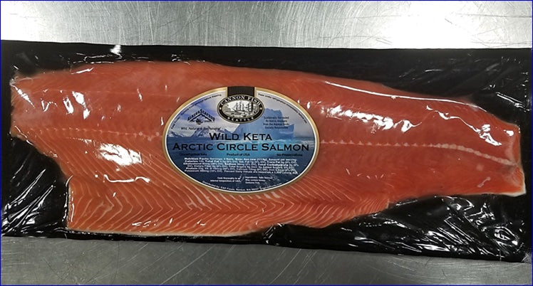 One vacuum-packed Arctic Kotzebue keta salmon fillet with an Arctic Circle Salmon label